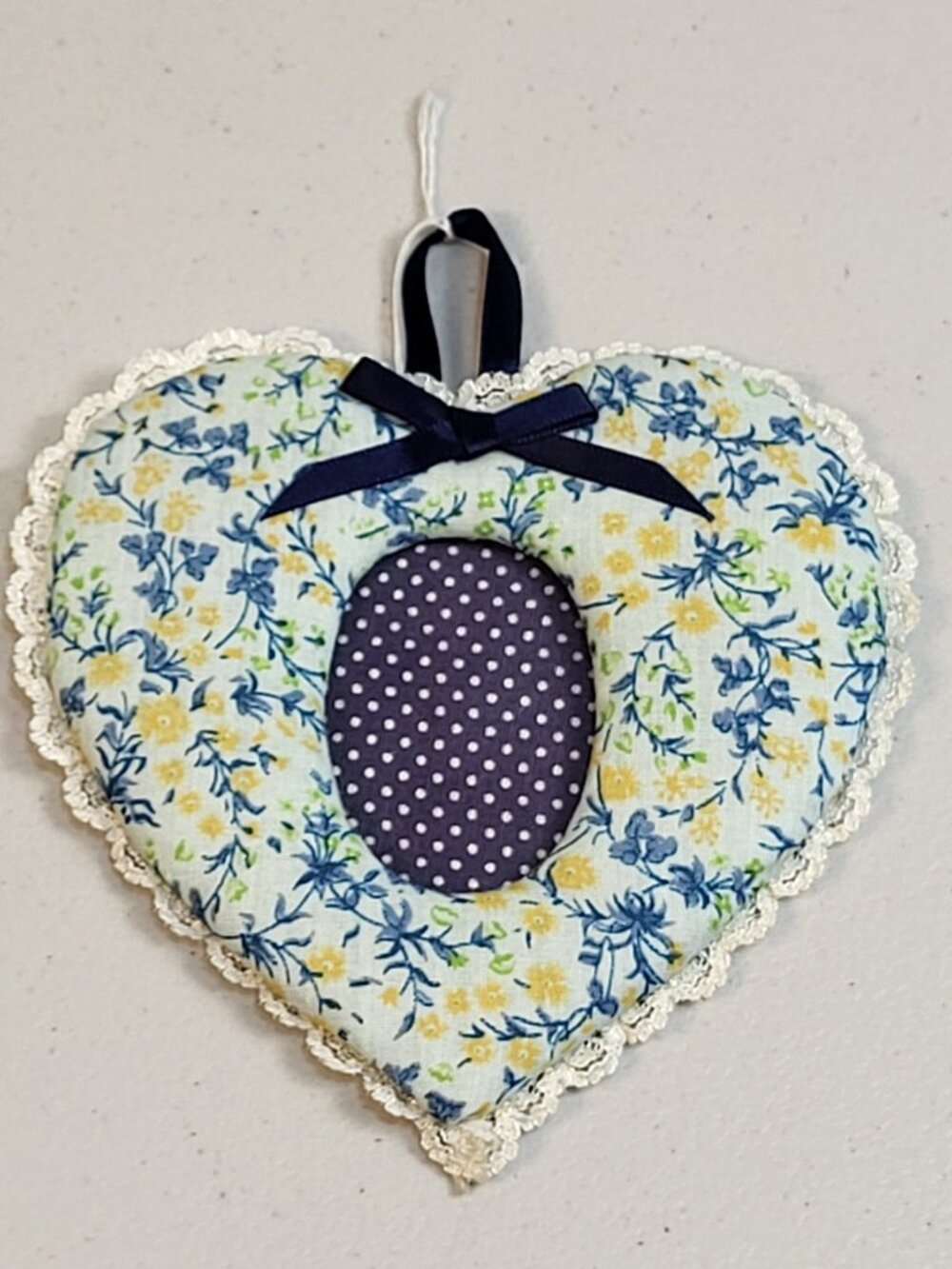 Vtg Artisan Photo Frame Cotton Fabric Padded Lace 5"x5" Blue Heart New '70s USA